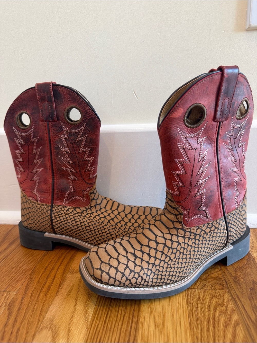 Kids Pull-On Western Boots in Red and Brown with Textured snakeskin like base